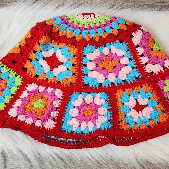 Red Granny Square Crochet Bucket Hat - Picture 3 of 6